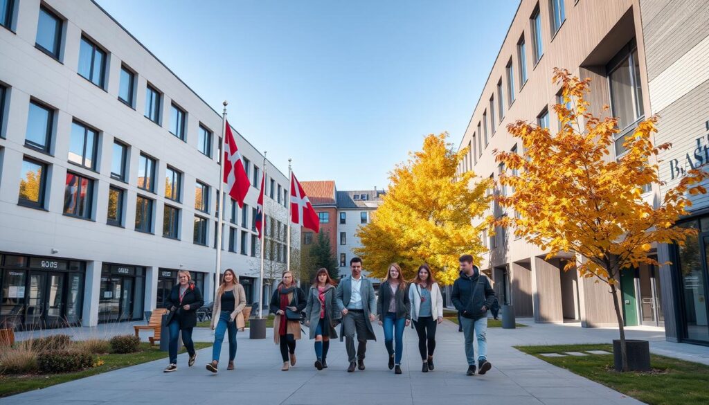 Danish university campus with international students walking between modern buildings