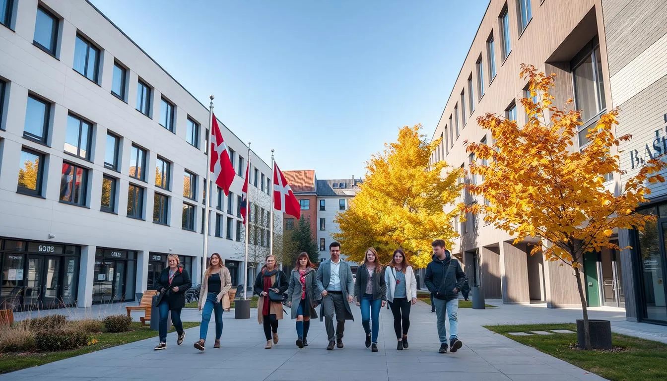 Danish university campus with international students walking between modern buildings