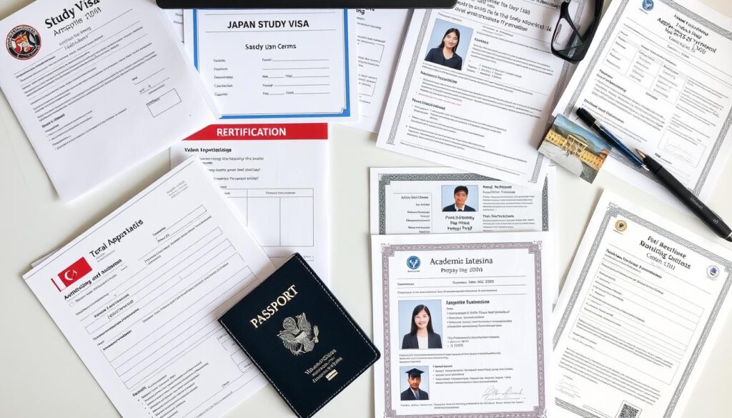 Documents required for Japan Study Visa application neatly arranged