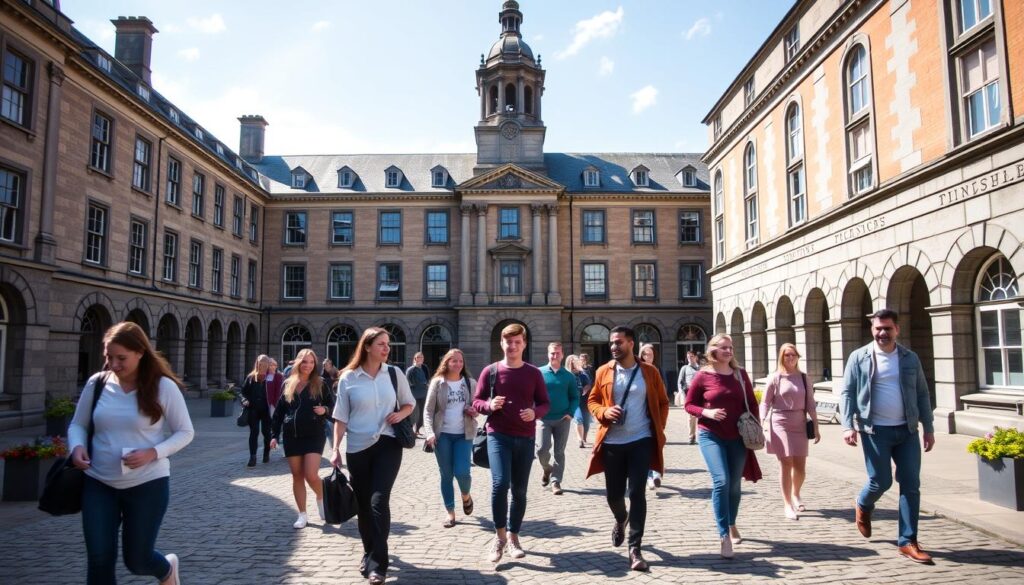 Dublin Trinity College with students walking through the historic campus - Ireland Study Visa Guide