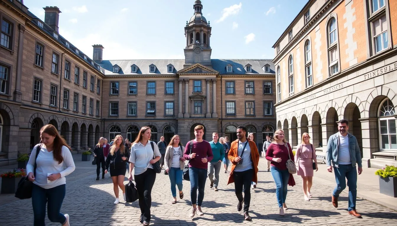 Dublin Trinity College with students walking through the historic campus - Ireland Study Visa Guide