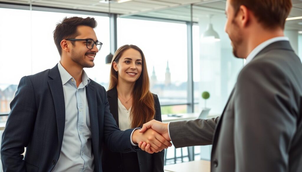 International graduate receiving job offer in a modern Danish office