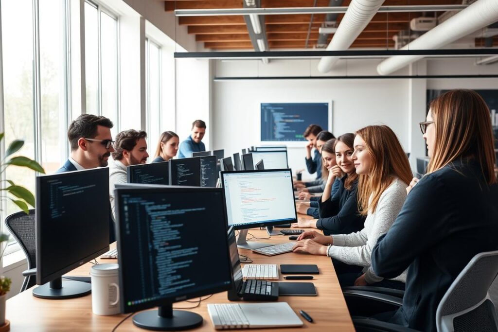 International professionals working in a Danish tech company office