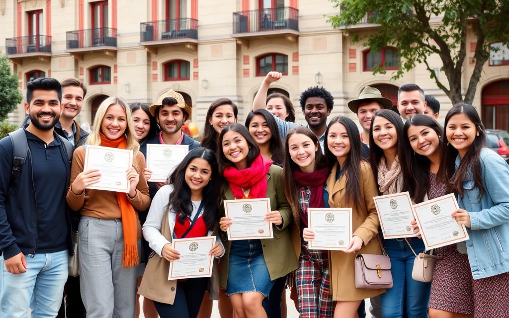 International students celebrating scholarship awards in Spain