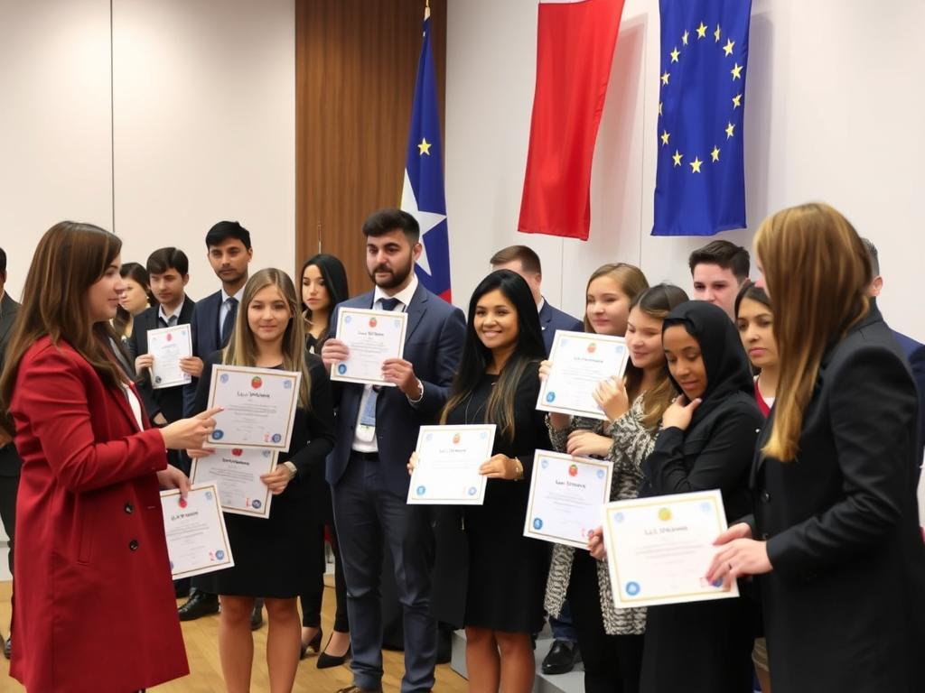 International students receiving scholarship certificates in Poland