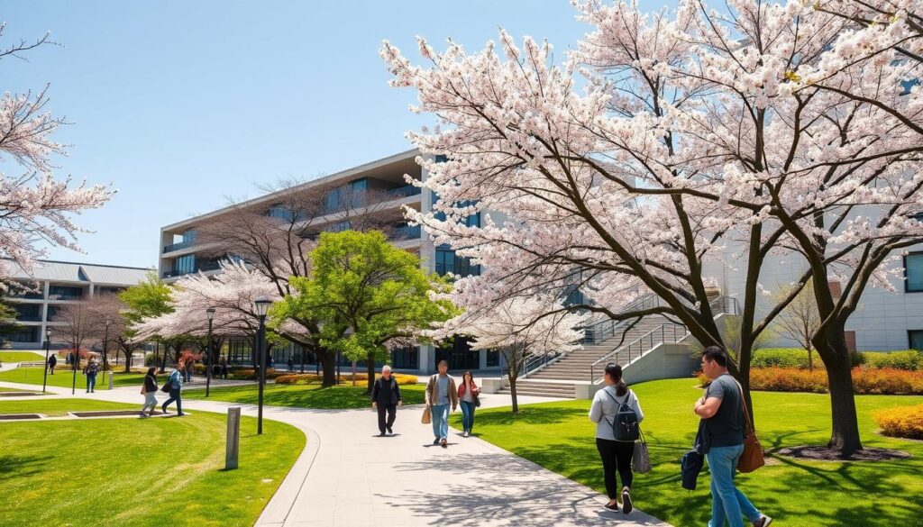 Japanese university campus with cherry blossoms and students walking