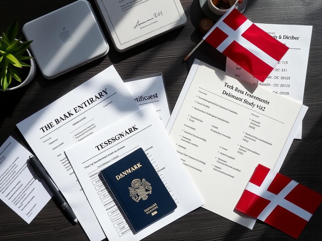 Organized desk with Denmark study visa application documents and a Danish flag