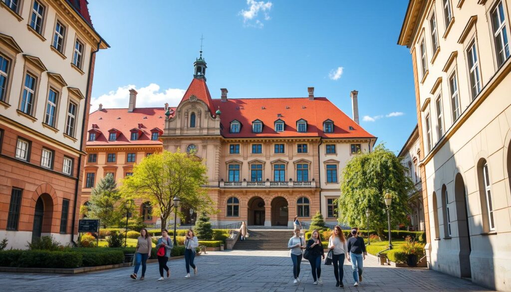 Polish university campus with students walking between historic buildings