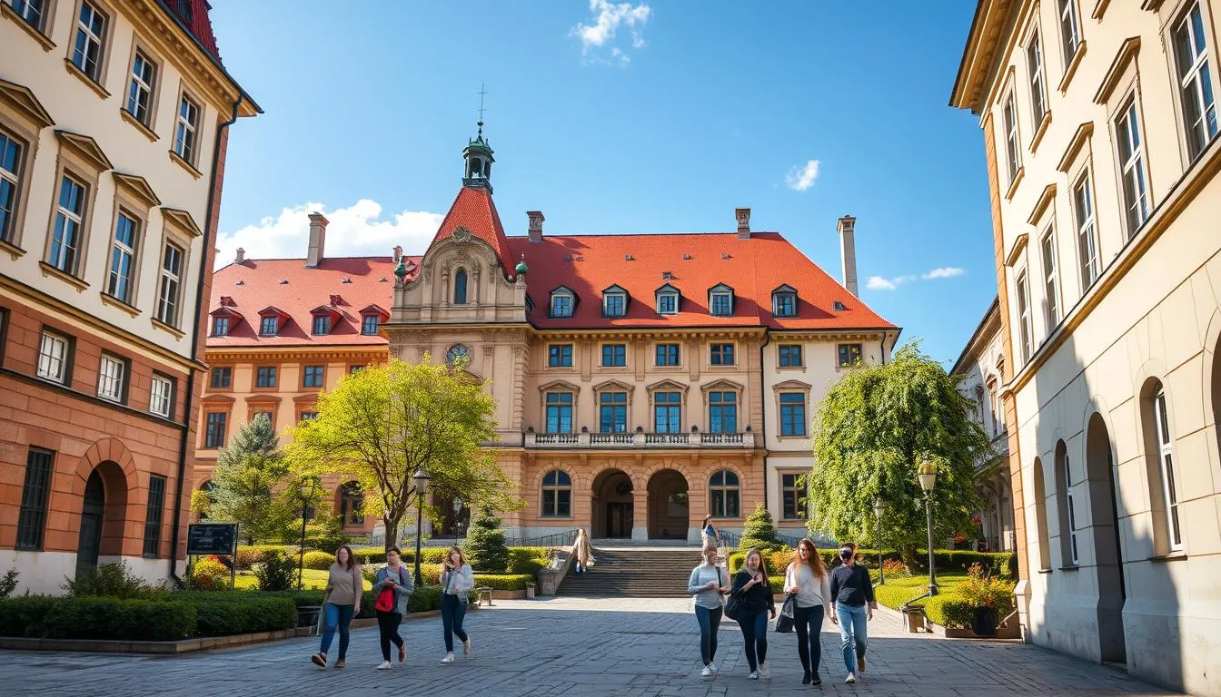 Polish university campus with students walking between historic buildings