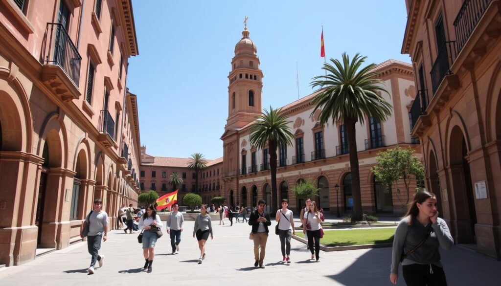 Spanish university campus with students walking between historic buildings