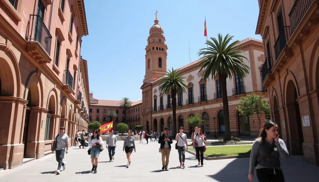 Spanish university campus with students walking between historic buildings