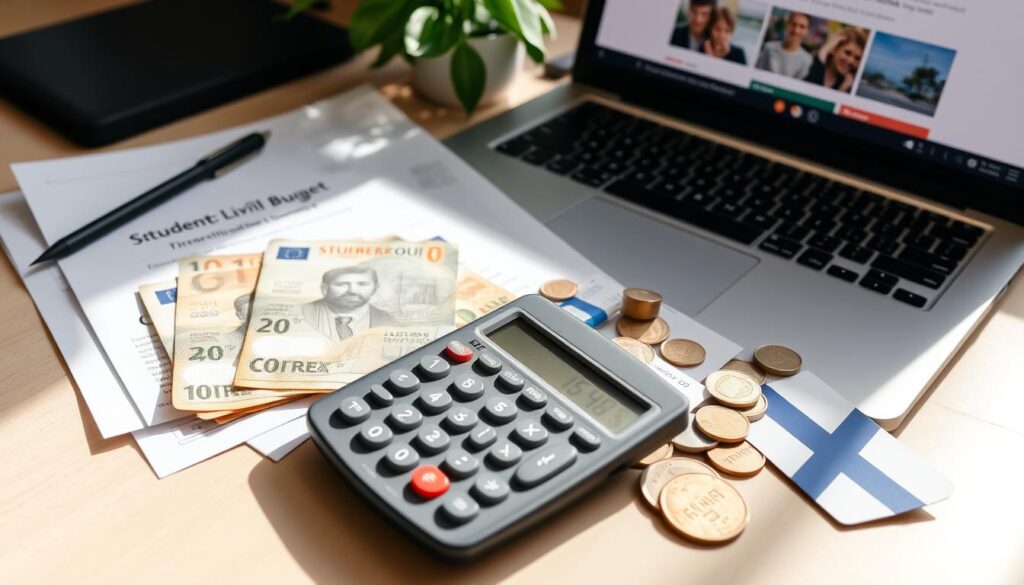 Student budget planning with Finnish currency and calculator