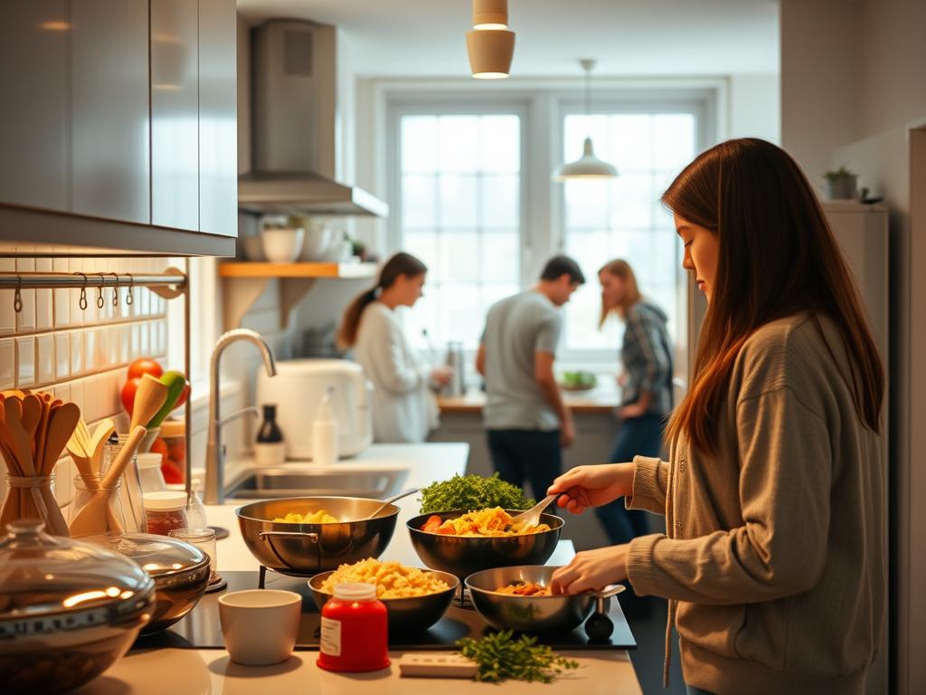 Student cooking affordable meal in Finnish student housing kitchen
