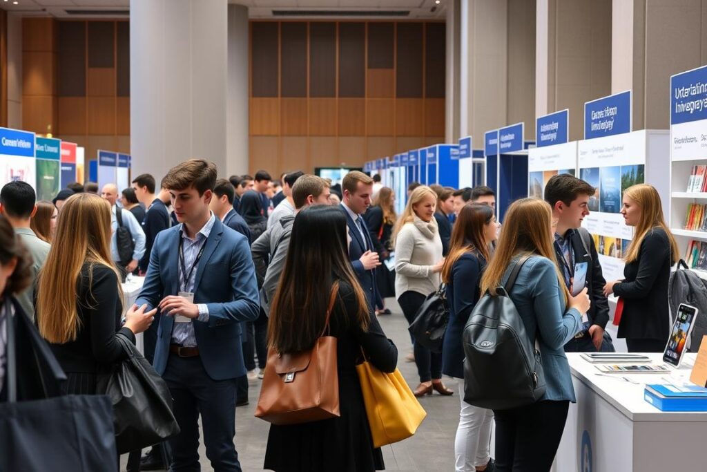 Student networking at a Finnish university career fair