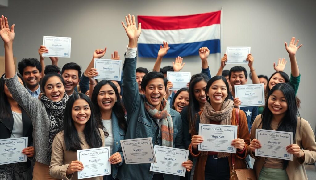 Student receiving Netherlands scholarship certificate