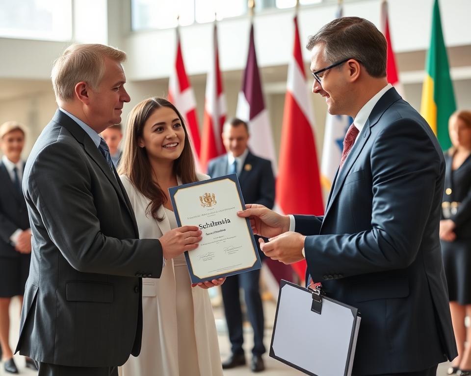 Student receiving a Denmark scholarship certificate in a university ceremony