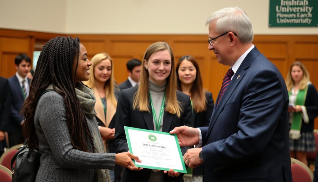 Student receiving scholarship award at Irish university ceremony - Ireland Study Visa Guide