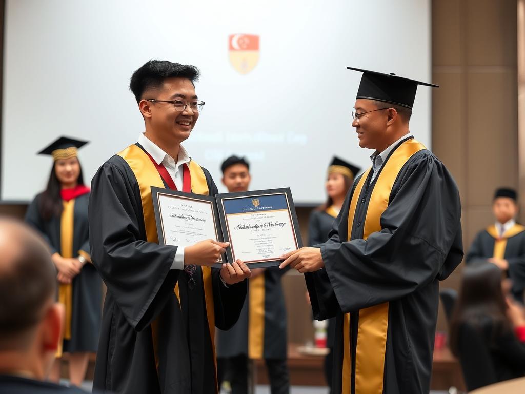 Student receiving scholarship certificate at Singapore university ceremony - Singapore Study Visa Guide