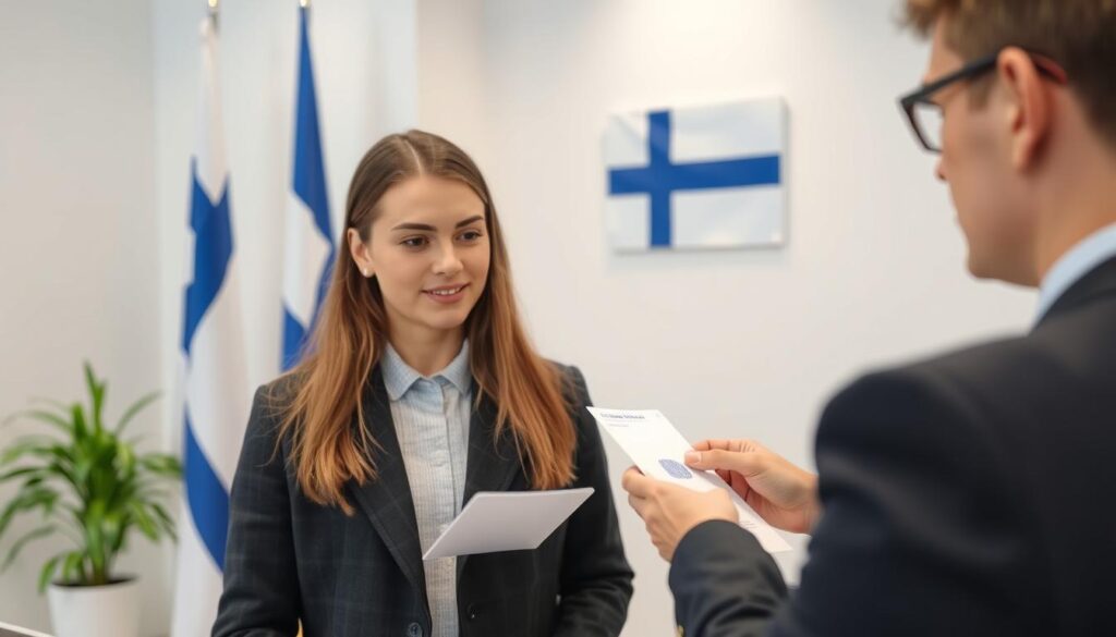 Student submitting biometrics at Finnish embassy for visa application