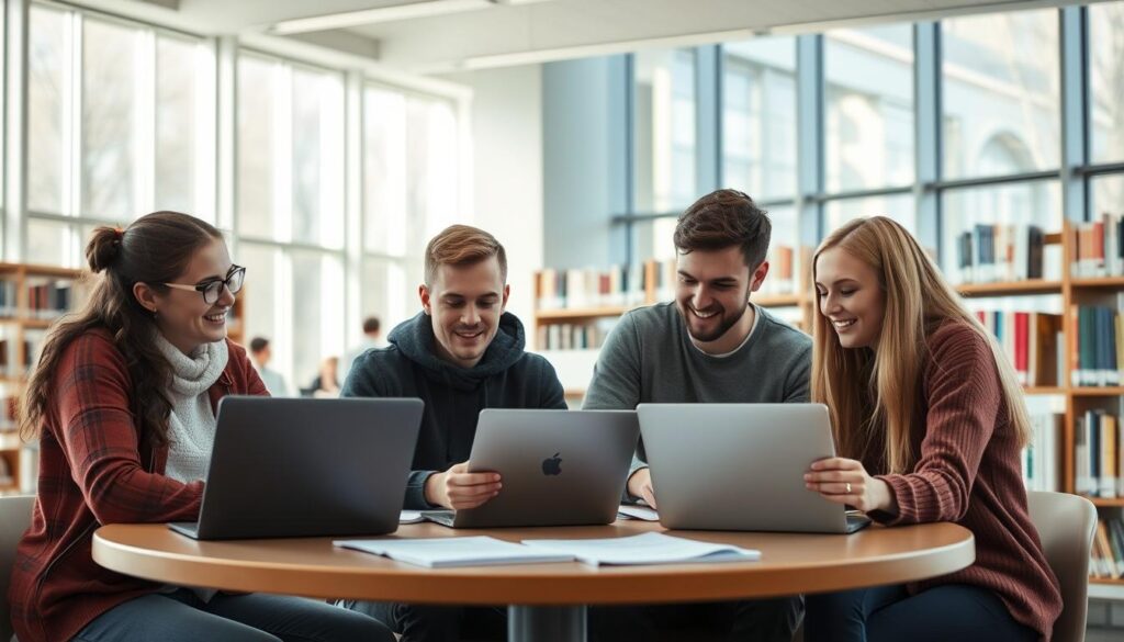 Students discussing scholarship applications in a Finnish university library