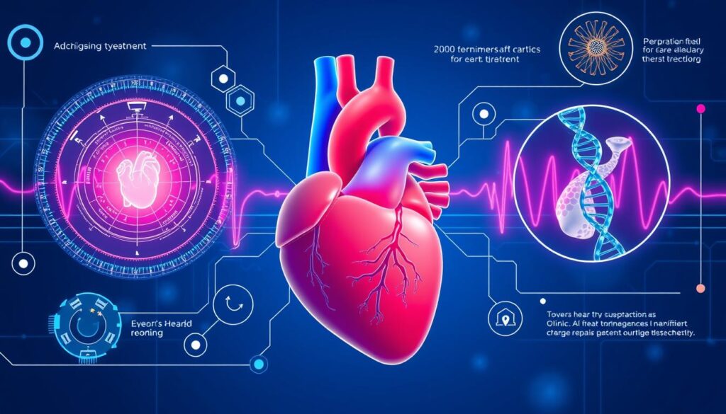 Advanced heart disease treatment technologies in 2025 showing AI diagnostics, nanotechnology, and gene therapy applications