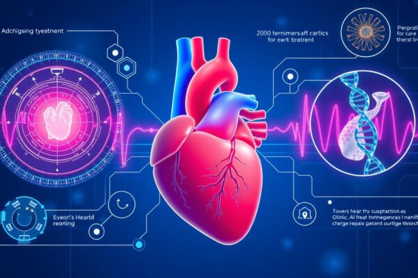 Advanced heart disease treatment technologies in 2025 showing AI diagnostics, nanotechnology, and gene therapy applications