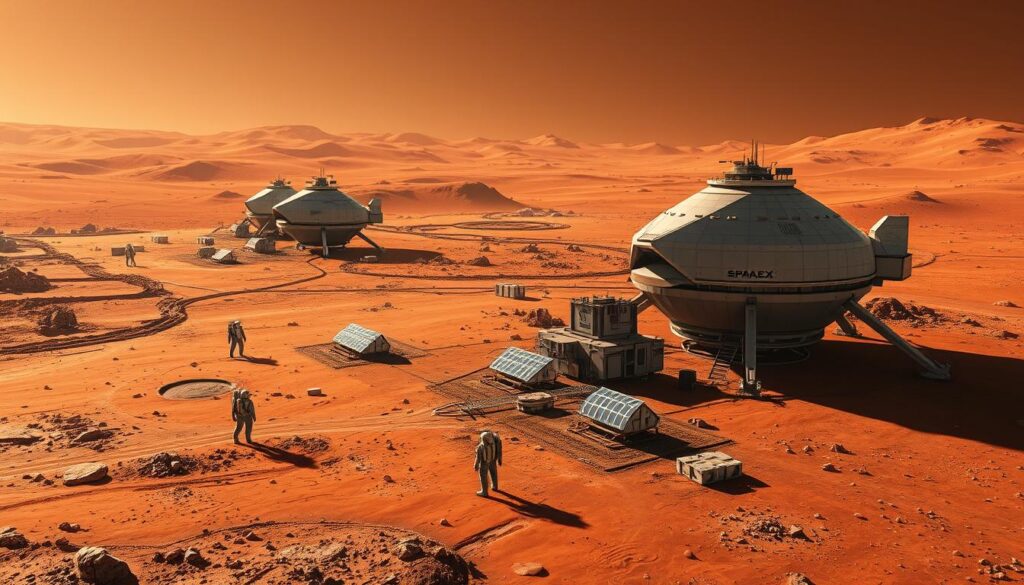 Artistic rendering of a Mars base with SpaceX Starships, representing the future of commercial space flight Artistic rendering of a Mars base with SpaceX Starships, representing the future of commercial space flight