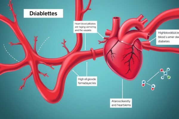 Diagram showing how diabetes affects blood vessels and heart health