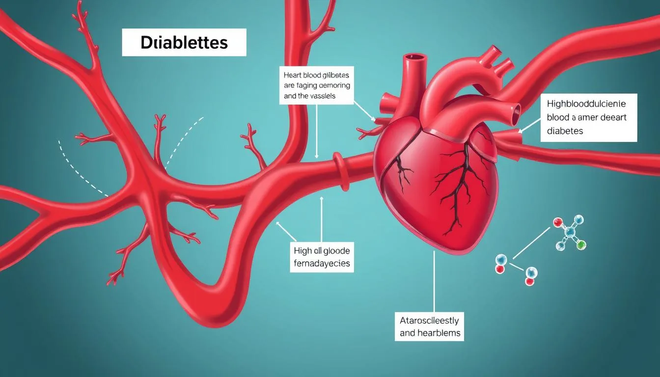 Diagram showing how diabetes affects blood vessels and heart health