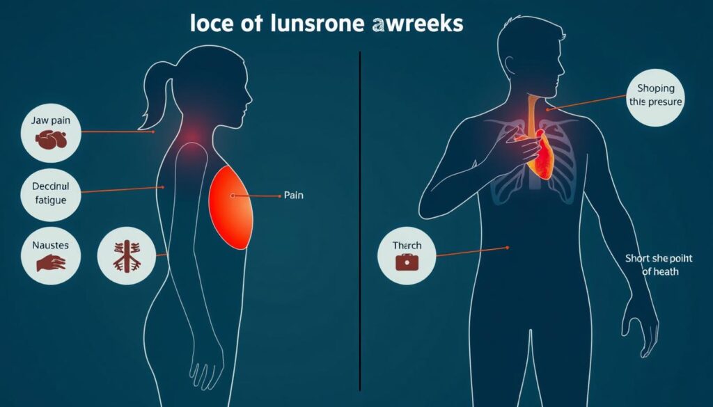 Diagram showing how heart attack symptoms differ between women and men, highlighting unusual signs of a heart attack in women and men