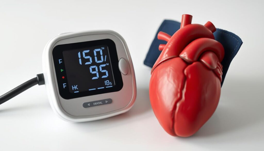 Digital blood pressure monitor showing high readings next to a heart model