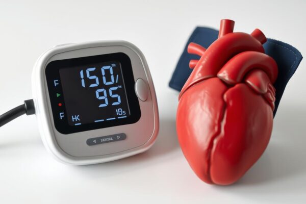 Digital blood pressure monitor showing high readings next to a heart model