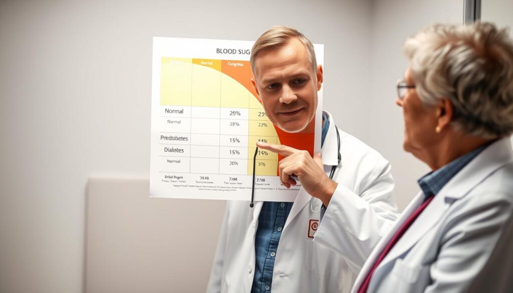 Doctor explaining prediabetes to patient with blood sugar chart showing the range between normal and diabetic levels