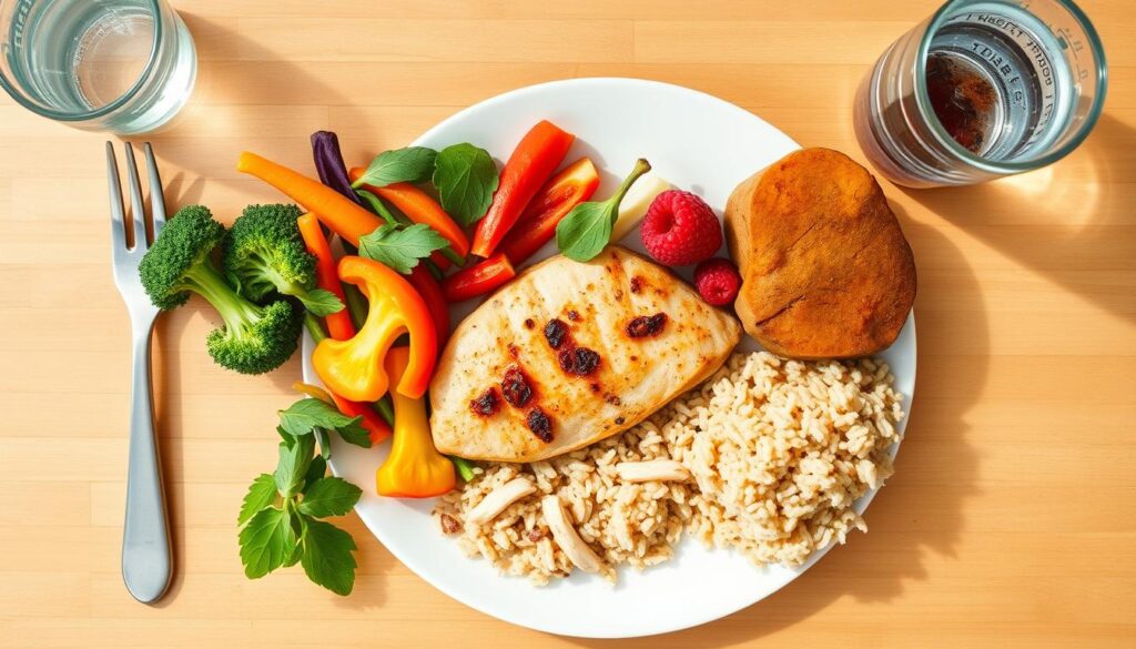Healthy meal plate for reversing prediabetes naturally with balanced portions of vegetables, lean protein, and complex carbohydrates