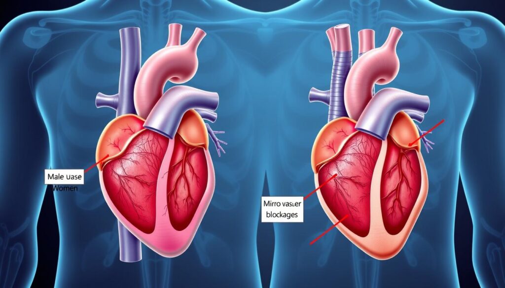 Medical illustration showing biological differences in heart attack manifestation between women and men