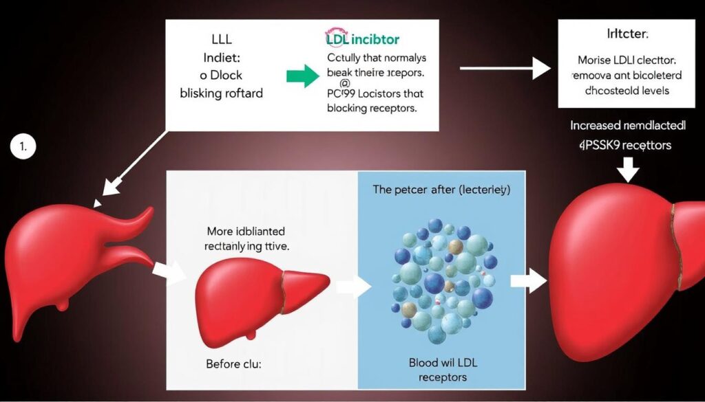 PCSK9 inhibitor mechanism showing how it lowers cholesterol levels PCSK9 inhibitor mechanism showing how it lowers cholesterol levels