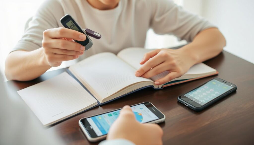Person checking blood sugar levels and recording results in a journal to track progress in reversing prediabetes naturally