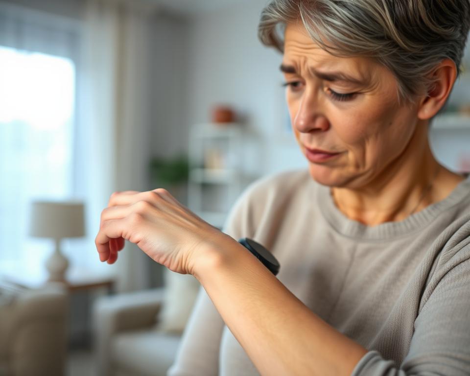 Person checking pulse on wrist to monitor irregular heartbeat