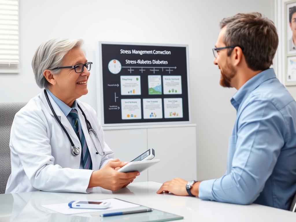 Person consulting with healthcare provider about stress and diabetes management