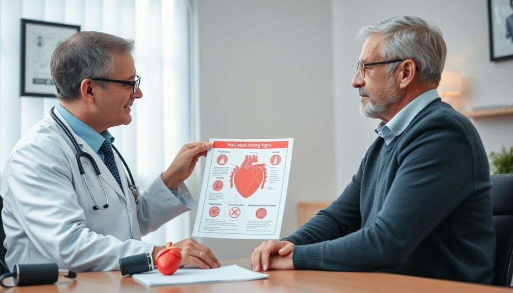 Person discussing heart health with healthcare provider, focusing on unusual signs of a heart attack prevention