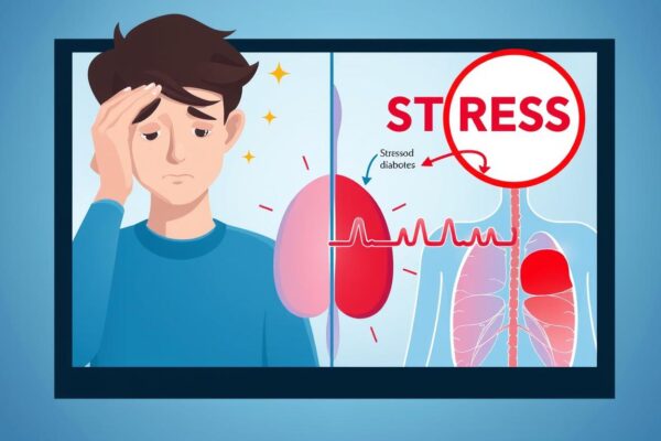 Person experiencing stress with a visual representation of elevated blood sugar levels