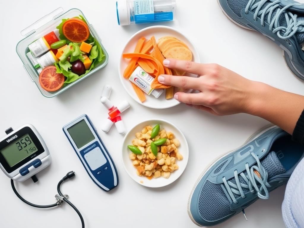 Person monitoring blood glucose and taking medication for diabetes management Person monitoring blood glucose and taking medication for diabetes management