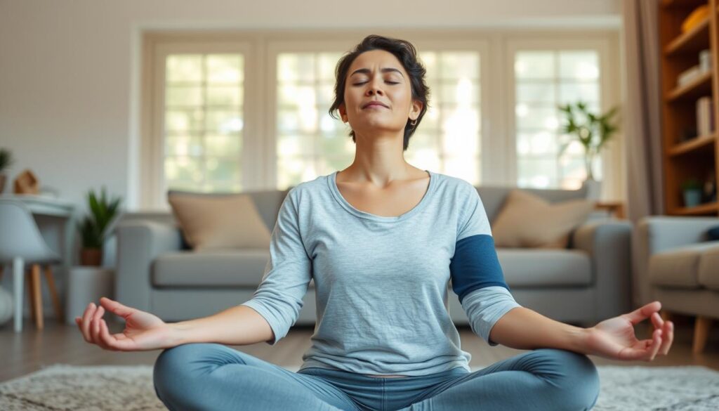 Person practicing meditation for stress management and blood pressure control