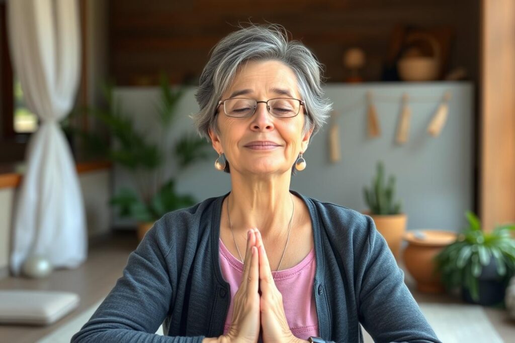 Person practicing stress management techniques like meditation Person practicing stress management techniques like meditation