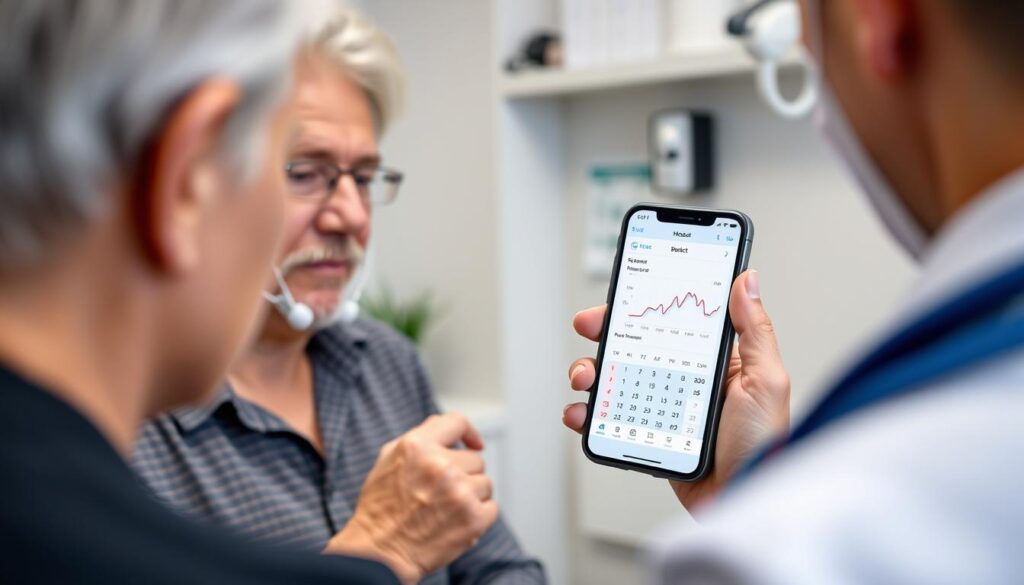 Person reviewing blood pressure log with healthcare provider