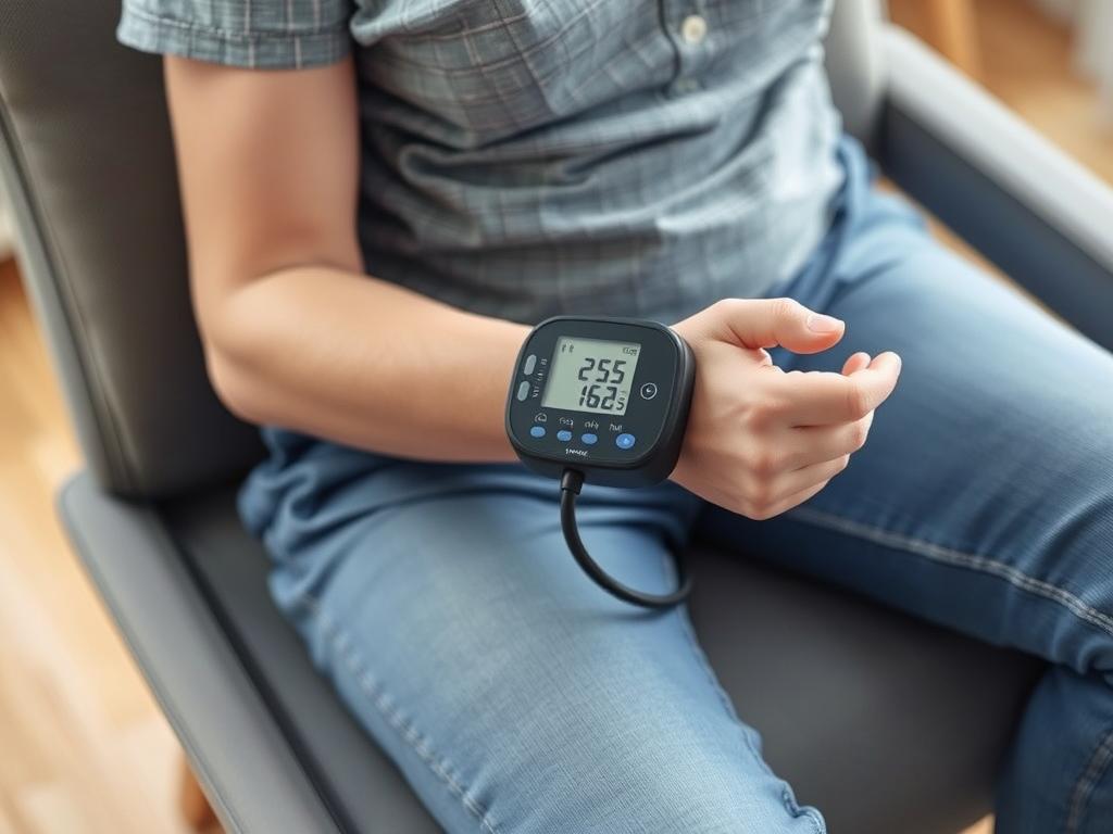 Person using a home blood pressure monitor correctly