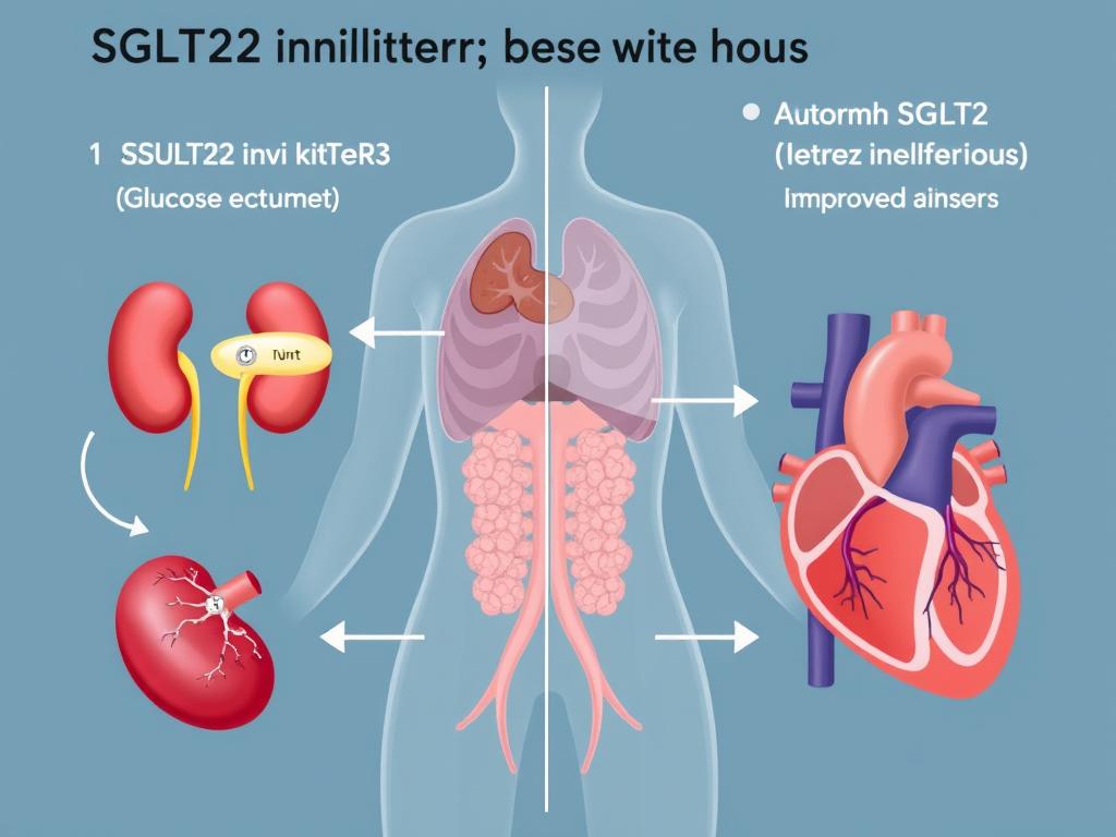 SGLT2 inhibitor medication showing mechanism of action in the kidney and heart SGLT2 inhibitor medication showing mechanism of action in the kidney and heart