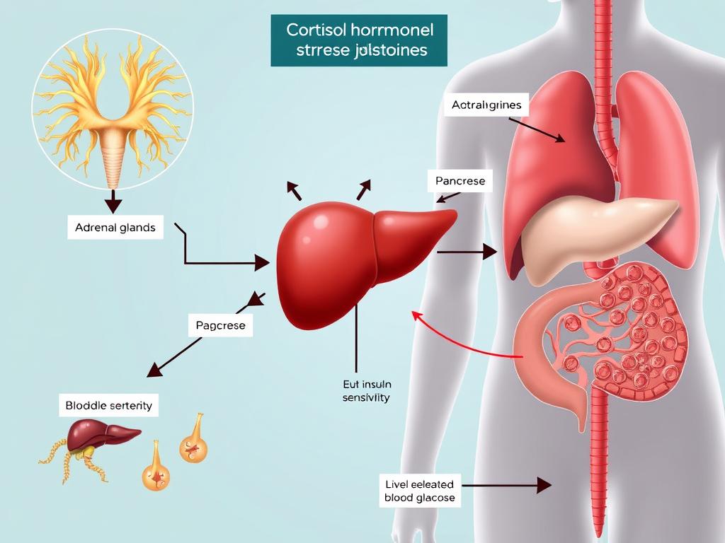 Scientific diagram showing how stress hormones affect insulin and blood glucose levels