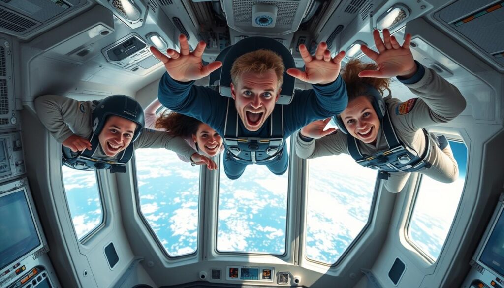 Space tourists experiencing weightlessness during a commercial space flight Space tourists experiencing weightlessness during a commercial space flight
