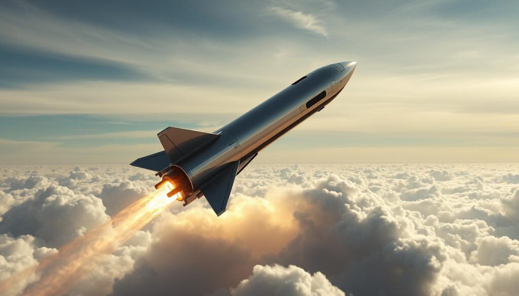 SpaceX Starship prototype during test flight, showing commercial space flight innovation SpaceX Starship prototype during test flight, showing commercial space flight innovation